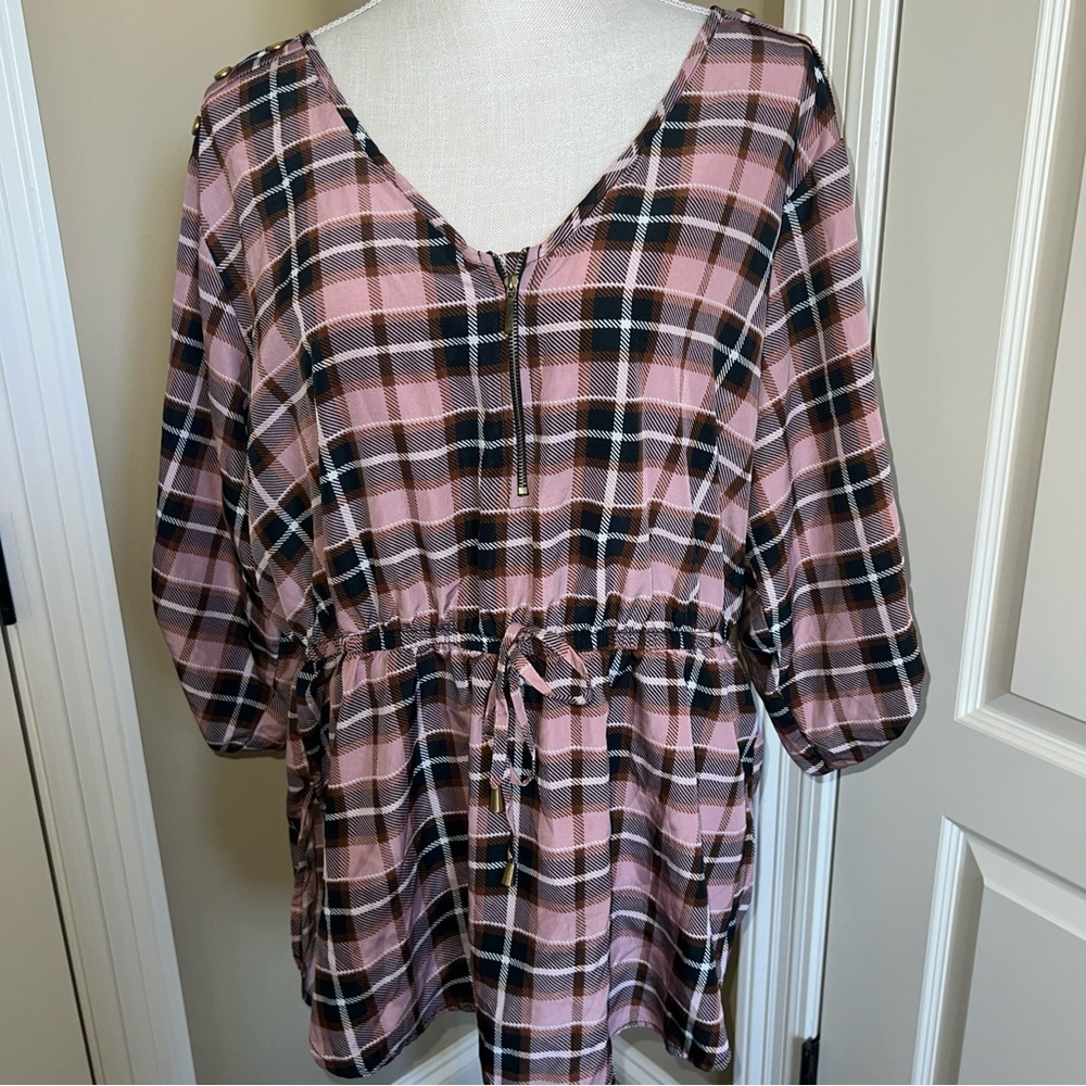 Mileage Womens 2X Pink Plaid Babydoll Shirt